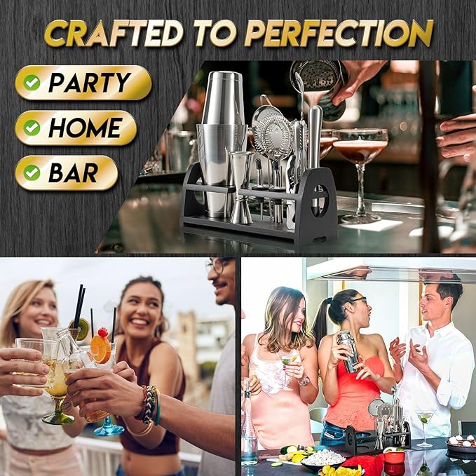 Semderm Boston Shaker Set, Weighted Cocktail Shaker & Mixology Bartender Kit - Heavy Duty 18/8 Stainless Steel Tins with Black Bamboo Stand - Includes Fine Mesh Strainer & Jigger