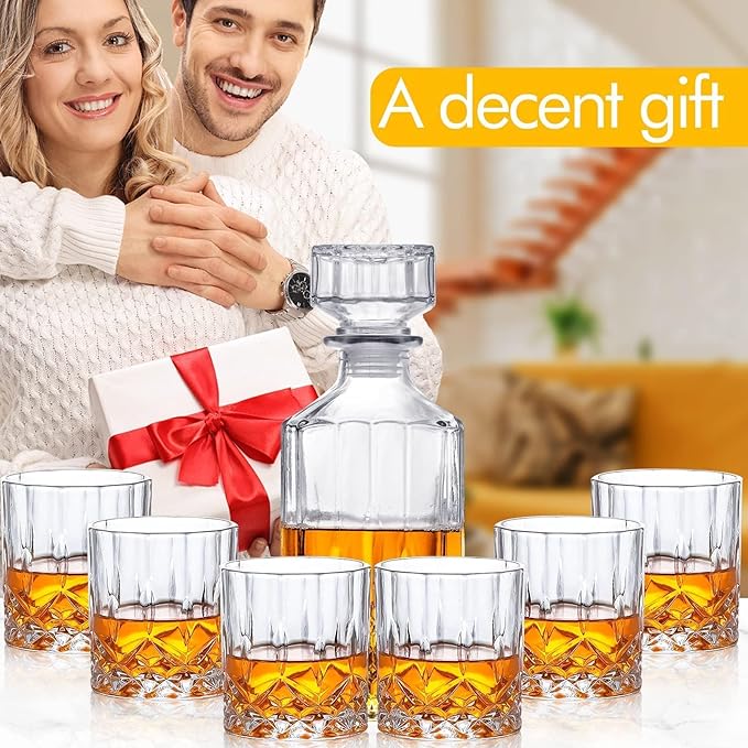 Whiskey Decanter Set for Men, Whiskey Glasses and Decanter with Cooling Stones Clear Glass Whisky Liquor Decanter Set for Whiskey Bourbon Rum Men Fathers'Gift