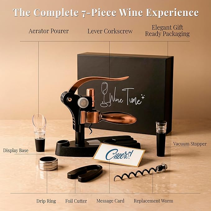 Complete Corkscrew Wine Opener Set With 7 Essential Accessories – Luxury Corkscrew Wine Opener Set for Effortless Uncorking & Wine Preservation – The most Elegant Wine Opener Gift Set (Luxe Bronze)