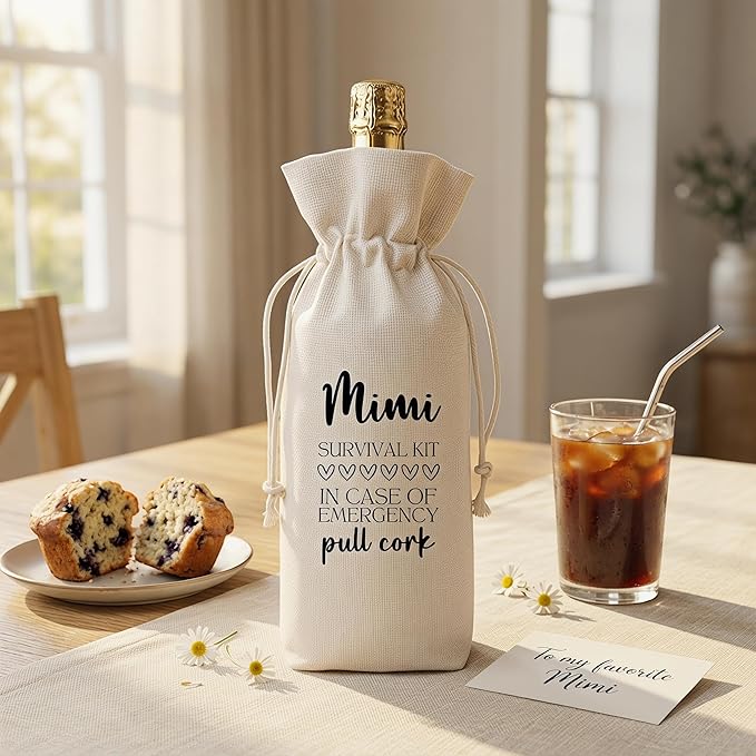 Mimi Gift Wine Bag from Grandkids, Funny Survival Kit Linen Drawstring Wine Bottle Cover, Reusable Wine Gift Pouch for Mimi Mother's Day Birthday Christmas Grandparents Day - A03