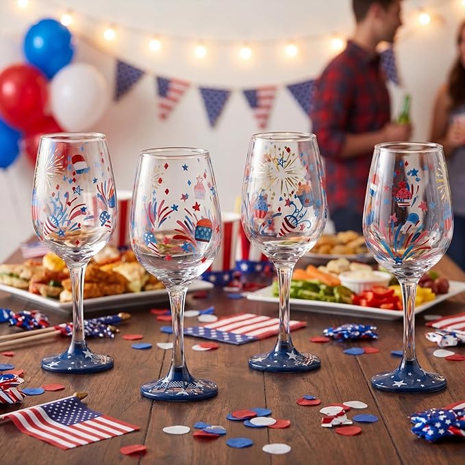 SiliFine 4 Pcs Patriotic 4th of July Stemmed Wine Glasses Hand Painted USA American Fireworks Star Drinking Cup Wine Glasses Gifts for Independence Day Birthday Theme Holiday Party Supplies