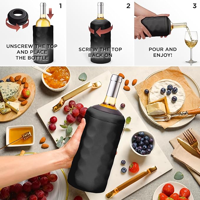 Wine Gifts - Premium Wine Chiller - 750mL Stainless Steel Bottle Cooler, Vacuum Insulated & Double-Walled - Keeps Cold 6+ Hours - Champagne Sleeve for Most Bottles - Black