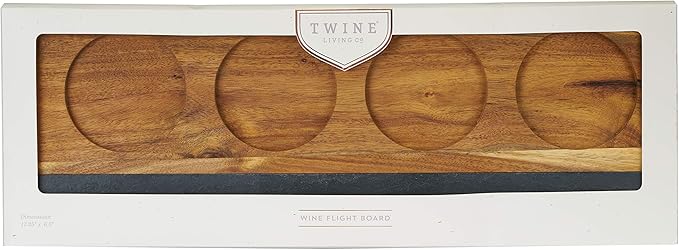 Twine Wine Flight Board with Slate Chalkboard & Acacia Wood Tray, Holds 4 Glasses, Includes Soapstone Chalk, Perfect for Wine Tasting Parties, Housewarming, Hosting Essentials