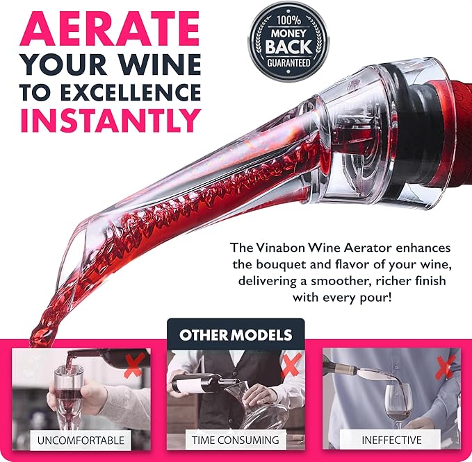 VINABON Wine Aerator Pourer Spout – Updated 2026 Professional Wine Aerator for Superior Flavor, Enhanced Bouquet & Rich, Smooth Finish. No-Leak, No-Drip, Spill-Free Design. Includes Wine Guide eBook
