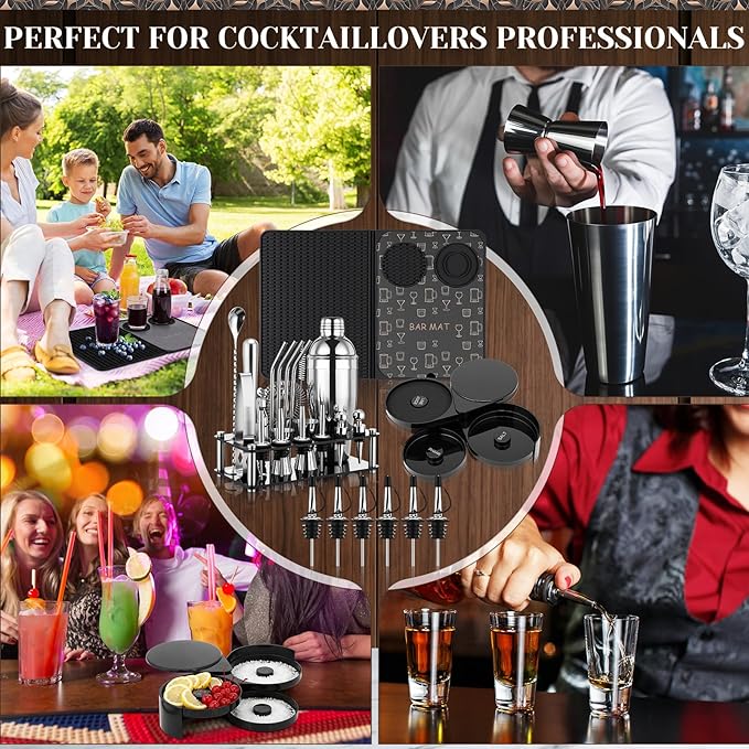 28 Pcs Cocktail Shaker Set and Bartender Kit with Stand, 18 x 12 Inch Folding Bar Mat with Cutting Board, 3 Tier Bar Glass Rimmer, Liquor Pour Spout Bartender Tool Gift for Home and Mixology