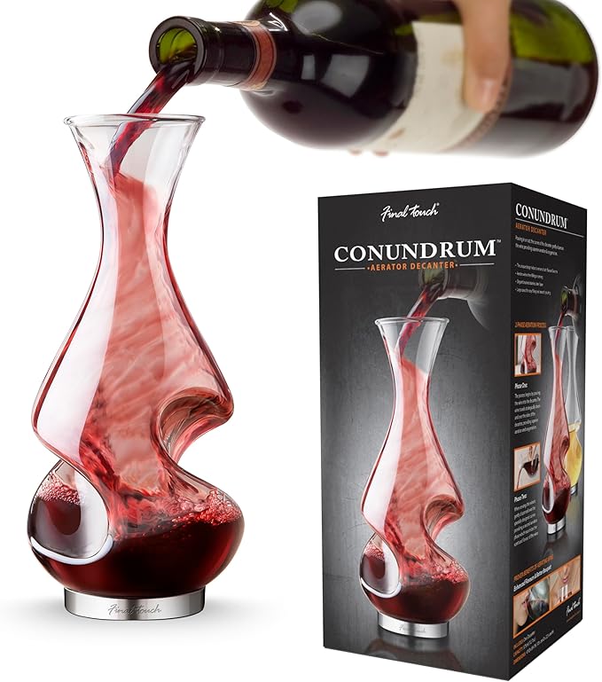 Final Touch Conundrum Wine Decanter Aerator - Superior Aeration & Oxygenation, Two-Phase Aeration Process, Enhances Flavor & Aroma, Elegant Stainless Steel Base, 375ml Capacity (WDA600)