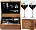 Wedding/Anniversary/Engagement/Bridal Shower and Bachelorette Gifts for Couples,Bride & Newlywed, Engraved Mr and Mrs Wine Glasses with 5-Piece Wine Accessory Kit (Wreath Design)