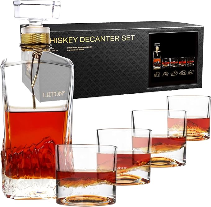 LIITON The American Peaks Whiskey Decanter Set – 34oz Mountain Crystal Glass Decanter with 4 Old Fashioned Glasses – Premium Gift for Men – Bourbon, Scotch, and Liquor Lovers