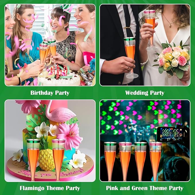 Jingmore 36 Pcs Plastic Champagne Flutes 4.5 oz Clear Disposable Wine Glasses Cocktail Cup Champagne Glass for Wedding Graduation Summer Party Favor Mimosa Bar Supplies (Green,Pink)