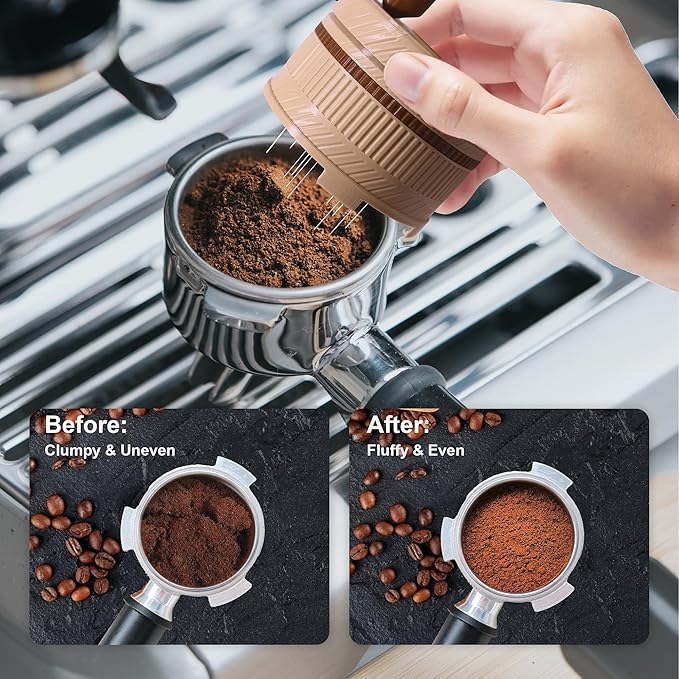 ShanSon WDT Espresso Tool with Brush Base Coffee Powder Distributor Needle WDT Tool for Barista Coffee Bar Espresso Distribution Tool,51mm,Khaki&Brown