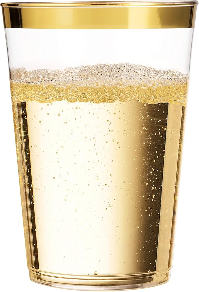 Munfix 100 Gold Plastic Cups 14 Oz Clear Tumblers Gold Rimmed Fancy Disposable Wedding Elegant Party Cups with Gold Rim