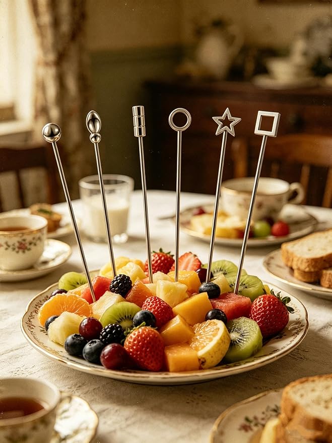 Homestia Geometric Cocktail Picks, 12PCS Stainless Steel Modern Martini Picks 4.3 Inch, Assorted Shapes Drink Skewers for Cocktails, Olives, Appetizers, Bar Accessories