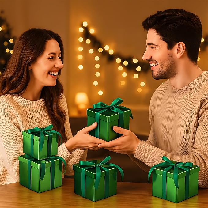 Cholemy 5 Pcs Square Nesting Boxes Decorative Gift Boxes with Lid and Ribbon Assorted Sizes Wrap for Wedding, Carnival, Anniversary, Birthday, Bridal Shower Party Gifts(Laser Green)