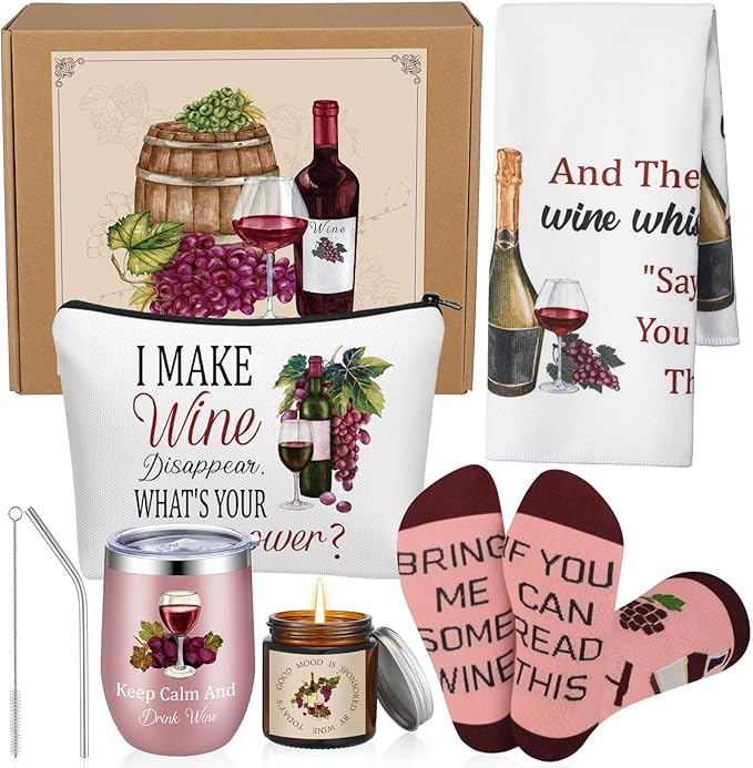 Sieral 7 Pack Funny Wine Mother's Day Gifts Set Include Stainless Steel Tumbler Scented Candle Kitchen Towel Crew Sock Makeup Bag Raffia Gift Box for Wine Lover Mom Sister Friends Coworker