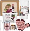 Sieral 7 Pack Funny Wine Mother's Day Gifts Set Include Stainless Steel Tumbler Scented Candle Kitchen Towel Crew Sock Makeup Bag Raffia Gift Box for Wine Lover Mom Sister Friends Coworker