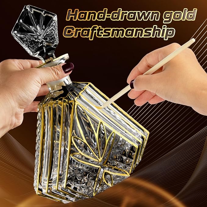 Hand-painted Gold Decanter Set for Men - Whiskey Decanter, Wine Aerator, and 2 Glasses, Liquor Bottles, Bourbon and Tequila Decanter,crystal decanter and 2 old fashioned glass