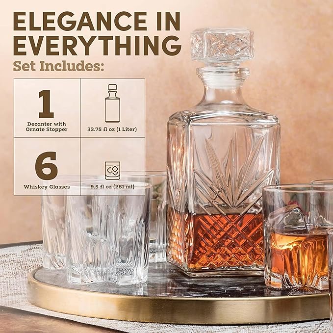 Bormioli Rocco Selecta Collection 33.75 oz. Whiskey Decanter with Glass Stopper and 6 Tumbler Glasses