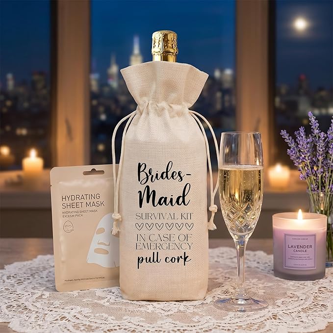Wine Bridesmaid Proposal Gift Wine Bag, Funny Survival Kit Linen Drawstring Wine Bottle Cover, Reusable Wine Pouch for Bridal Shower Bachelorette Party Wedding Bridesmaid Gift - A05