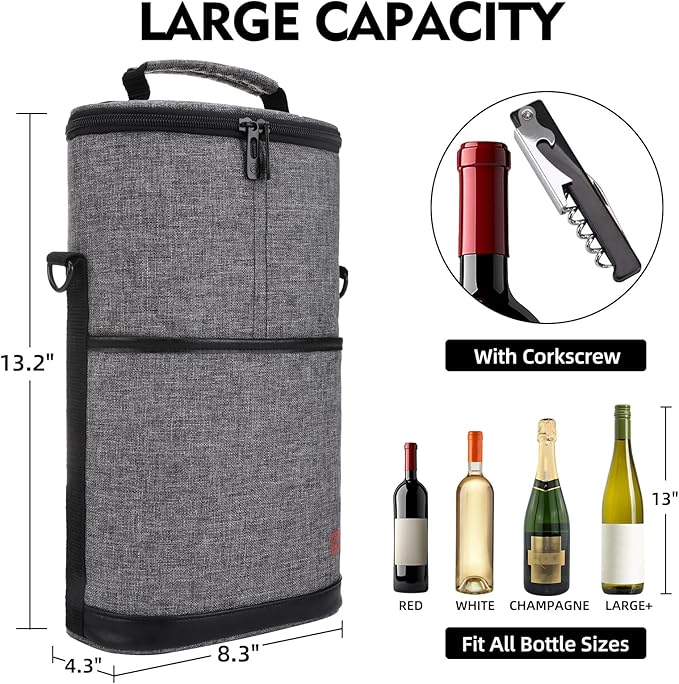 ALLCAMP 2 Bottle Wine Tote Carrier - Insulated Portable Padded Canvas Wine Bag for Travel, BYOB Restaurant, Wine Tasting, Party, Great Christmas Day Gift for Wine Lover，Gray