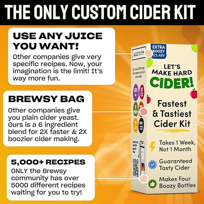 Brewsy Starter Kit for Cider Making - Custom Cider Kit - 4 Bottles in 9 Days - Use Any Juice to make Cider