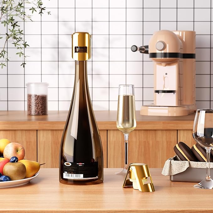 Champagne Stoppers with Stainless Steel Champagne Saver with Food Grade Silicone Leak proof Keep Fresh Suitable for Champagne, Cava, Prosecco and Sparkling (Gold, 4 Pack)