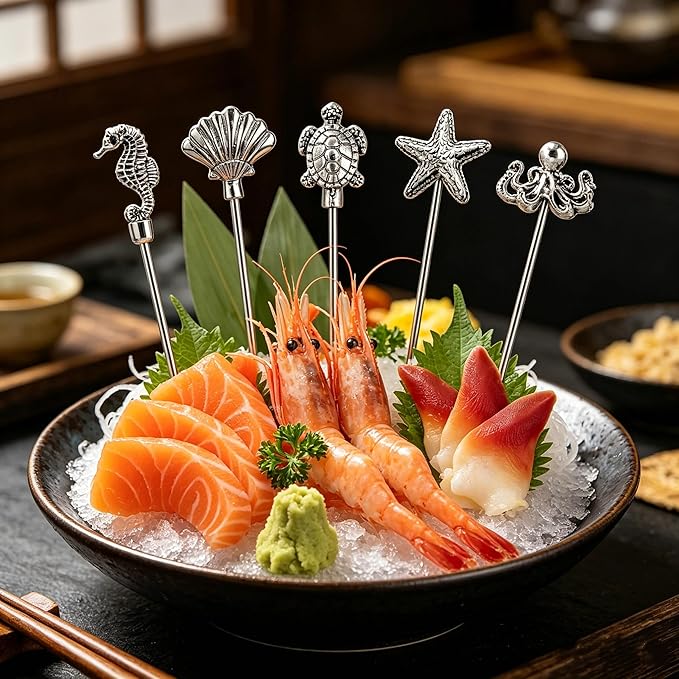 Homestia Ocean Cocktail Picks, 6PCS Stainless Steel Marine Life Martini Picks 4.7 Inch, Sea Turtle Starfish Seahorse Octopus Shell Fish Drink Skewers for Cocktails, Olives, Appetizers