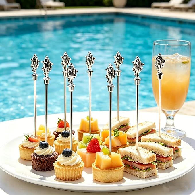 Homestia Fish Cocktail Picks, 6PCS Stainless Steel Vintage Fish Martini Picks 4.6 Inch, Reusable Metal Drink Skewers for Cocktails, Olives, Appetizers, Nautical Bar Accessories