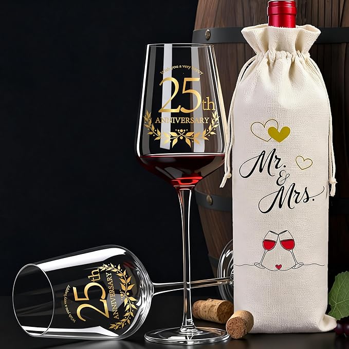 25 Years Anniversary Wine Glass Gift Set of 2 Happy 25th Anniversary Package with 2 Wine Glasses, Wine Bag, and Greeting Card Gifts for Couple Husband and Wife