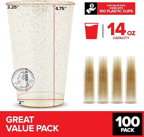 14oz Gold Glitter Plastic Cups (100 Pack), Elegant Party Cups for Birthday Parties, Weddings, and Holidays, Fancy Disposable Cocktail Glasses, Clear and Gold Cups, Bulk Wine and Mimosa Cups
