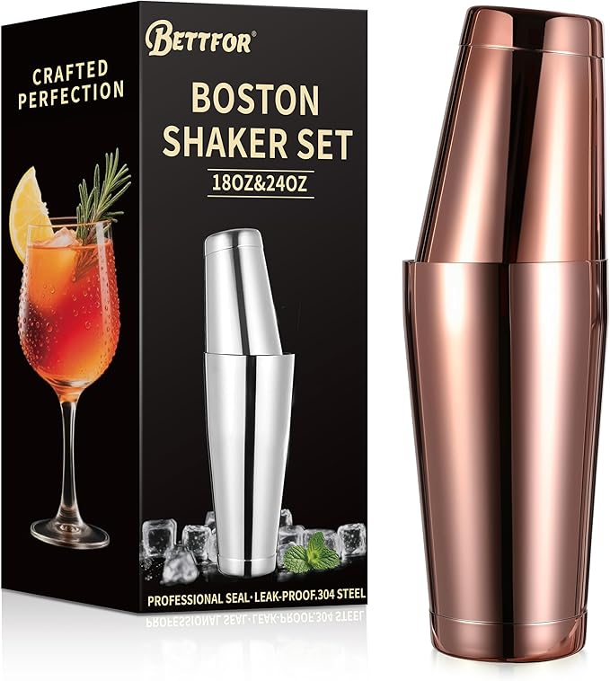 Boston Shaker Set, 18oz & 28oz 2-Piece Tins, Professional 304 Stainless Steel Cocktail Shaker with Leak-Proof Weighted Base for Bartending, Home & Bar Use (RoseGold)