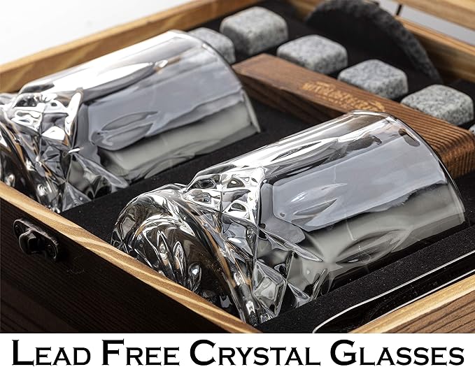Mixology & Craft Whiskey Glasses Gift Set for Men - Pack of 2 Diamond Cut Glasses w/ 8 Granite Chilling Stones, 2 Coasters, Tongs & Cocktail Recipe Book in Wooden Crate