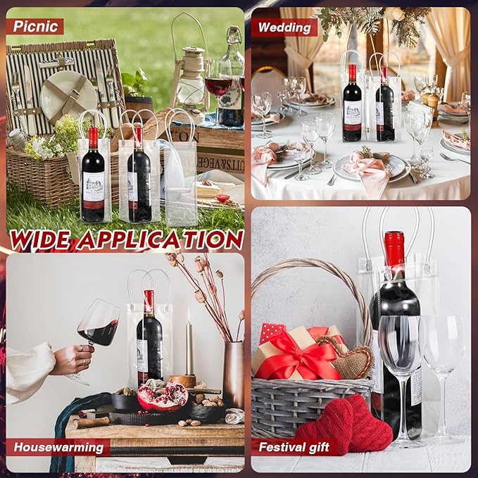 50 Pieces Ice Wine Bag Portable Wine Cooler Bag Drink Bags Clear Wine Pouch Cooler Collapsible PVC Wine Pouch Bags with Handle for Champagne Cold Beer Chilled Beverages Iced Drinks Party Outdoor