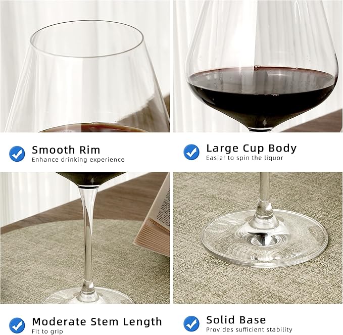 Red Wine Glasses, Set of 2 Crystal Wine Glasses, 23 OZ Burgundy Wine Glasses, Housewarming/Wedding Gifts