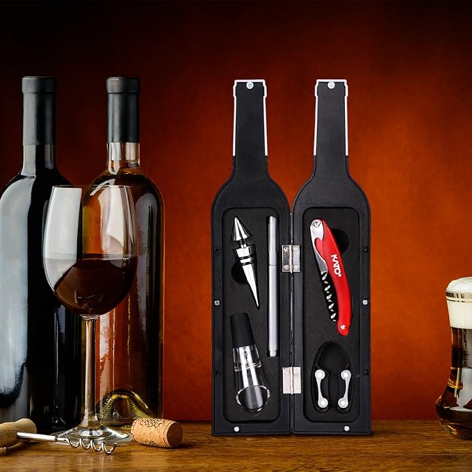 Kato Wine Bottle Accessories Set - Red Wine Corkscrew Opener Kit, Stopper, Aerator Pourer, Foil Cutter, Glass Paint Marker, with Free Drink Stickers, Great Mother's Day Gifts, Grey