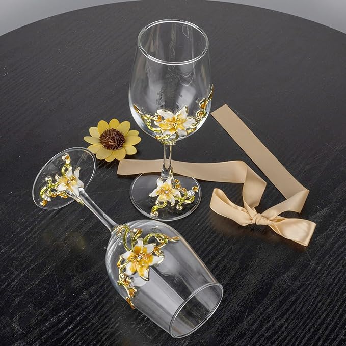 Simcat Handmade Painted Enamel Flower Glass Wine Glasses Transparent Refined Goblet, Stem For Cabernet, Gifts (Double yellow gift box,2 Gift Box)