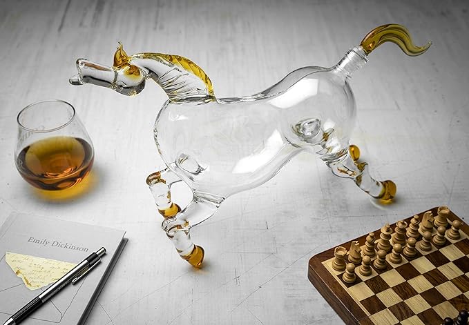 Whiskey Decanter Set, 35 oz - Horse Drink Dispenser for Wine or Alcohol - Animal Glass Bottle with 2 Diamond Whiskey Glasses - Ideal for Home Bar Decor or as Holiday Gifts for Men (Giddyap)