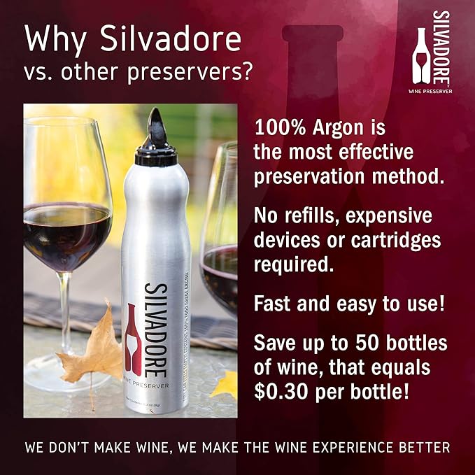 Silvadore Argon Wine Preserver | 100% Argon Wine Saver Spray | Silver Aluminum Shaped Can (12 Cans Case)