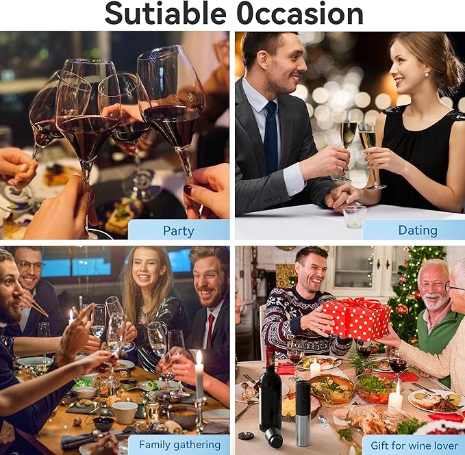 Electric Wine Opener, Automatic Wine Bottle Corkscrew with Air Pump, Foil Cutter, Pourer, Vacuum Stoppers (4PCS)， Professional Easy Rechargeable Vino Opener Set Suitable for Home, Travel