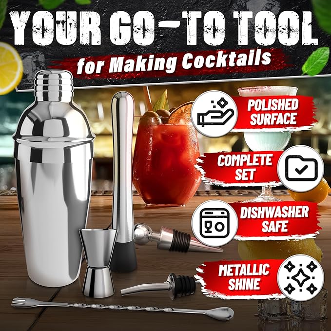 Bar Set & Cocktail Shaker Kit (10-Piece) — Stainless Steel Mixology Bartender Kit with Shaker, Jigger, Strainer, Muddler, Spoon, Tongs, Corkscrew & Wooden Stand — Bar Tools Gift for Cocktail Lover