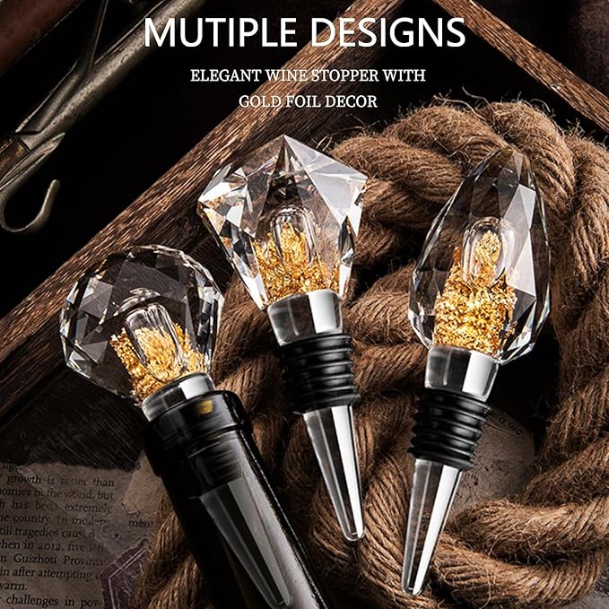 Halyhun Rustproof Glass Diamond Wine Stopper 1pcs, Decorative Crystal Wine and Beverage Bottle Stopper for Kitchen, Elegant Wine Stopper with Gold Foil décor, Made of Premium Glass and Silicone, Clear