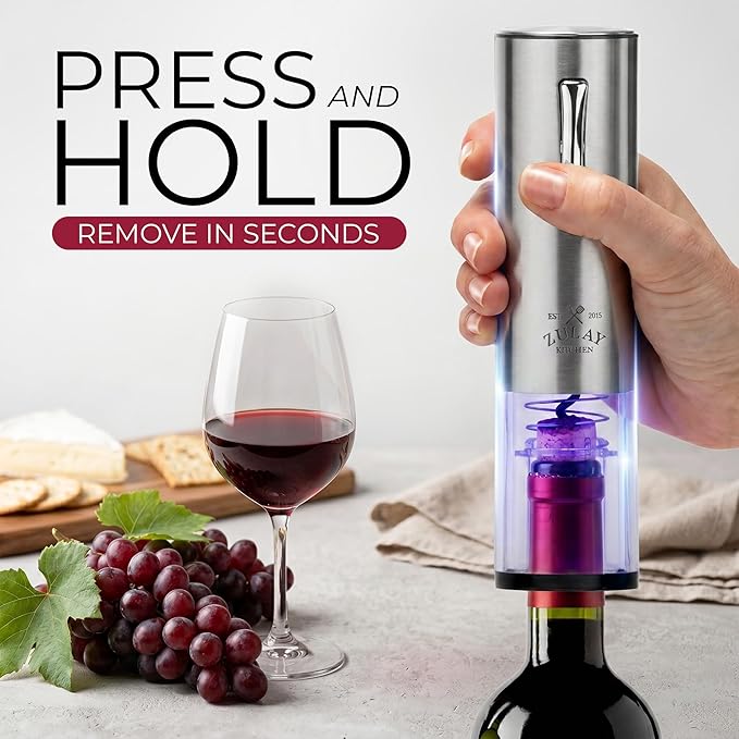 Zulay Kitchen Rechargeable Electric Wine Opener Set with Charging Base - Automatic Corkscrew Wine Bottle Opener, Aerator Pourer, Foil Cutter & 2 Vacuum Stoppers - Stainless Steel Wine Gift Set, Silver