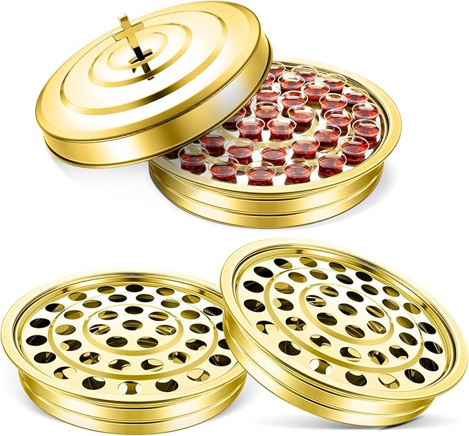 Jingmore Communion Ware 3 Holy Wine Serving Trays with 1 Cover Stainless Steel Communion Supplies Silver Trays for Churches Holy Ware Sets (Gold)