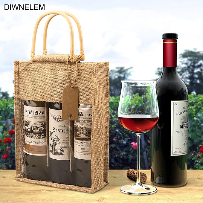 DIWNELEM 2 Pack Burlap Gift Bags with Window - Jute Wine Bags for Wedding, Parties, Birthdays, Christmas & Holidays