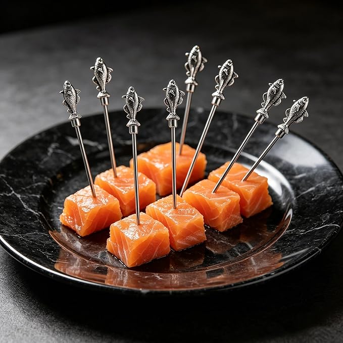 Homestia Fish Cocktail Picks, 6PCS Stainless Steel Vintage Fish Martini Picks 4.6 Inch, Reusable Metal Drink Skewers for Cocktails, Olives, Appetizers, Nautical Bar Accessories