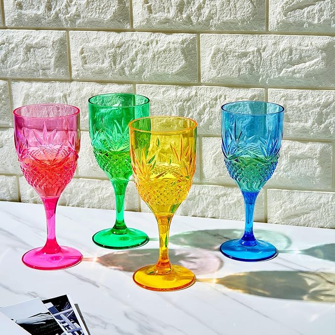 Shatterproof Tritan Stemmed Fancy Wine Glasses Goblets, Resalable | 4 Set | Bright Colors Glass Lookalike, Crystal Color Acrylic Drinkware, Reusable Unbreakable BPA-free plastic, Outdoor & Indoor 11OZ