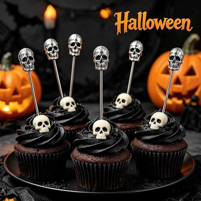 Homestia 6 Pcs Metal Cocktail Picks, 4.7 Inch Skull Metal Toothpicks for Appetizers Sandwich Fruit Skewers for Catered Events Buffet Halloween Party Holiday Supplies (Silver)