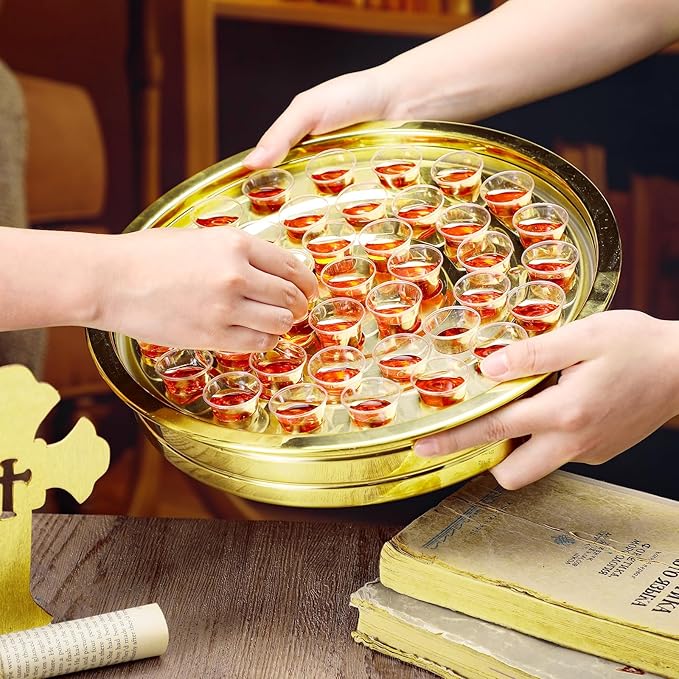 Jingmore Communion Ware 3 Holy Wine Serving Trays with 1 Cover Stainless Steel Communion Supplies Silver Trays for Churches Holy Ware Sets (Gold)