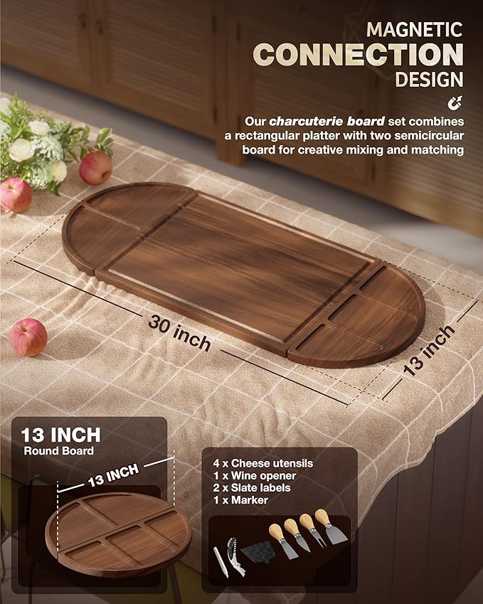 Extra Large Charcuterie Boards, 30'' x 13'' Acacia Cheese Board 3 Part Magnetic Long & Round Boards with Knive Set, Wine Opener & Cheese Marker, Unique Serving Tray for Birthday, Wedding Gift