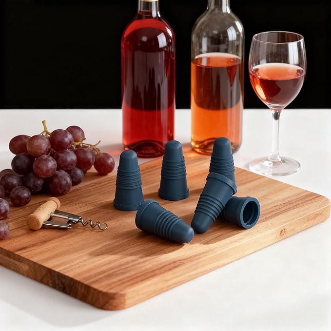 Silicone Wine Bottle Stoppers, Gray Blue, 6 Pack – Reusable Airtight Tapered Plugs for Standard Wine Bottles, Leakproof, BPA-Free, Dishwasher Safe