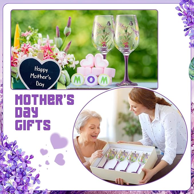 SiliFine 4 Pcs Mother's Day Party Stemmed Wine Glasses Hand Painted Purple Lavender Butterfly Drinking Cup Wine Glasses Gifts for Women Spring Birthday Theme Holiday Party Supplies